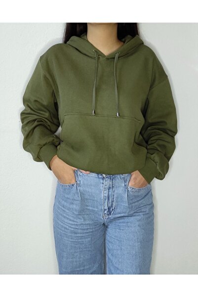 Bomenti Life سويت شيرت نسائي بغطاء للرأس مقاس كبير باللون الكاكي