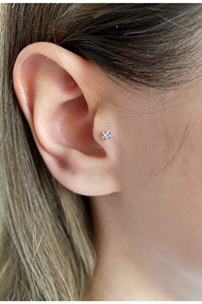 Okkostore Kadın Çelik Silver Rengi Yıldız Tek Taş Tragus Piercing