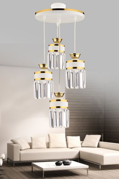 KUZEY AYDINLATMA Eylül 4-Piece White Yellow Gilded Pendant Lamp Crystal Stone Tray Luxury Living Room Chandelier