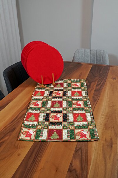 Viemso Yılbaşı Çam Ağacı Noel Baba Desenli Runner 2'li Supla Seti