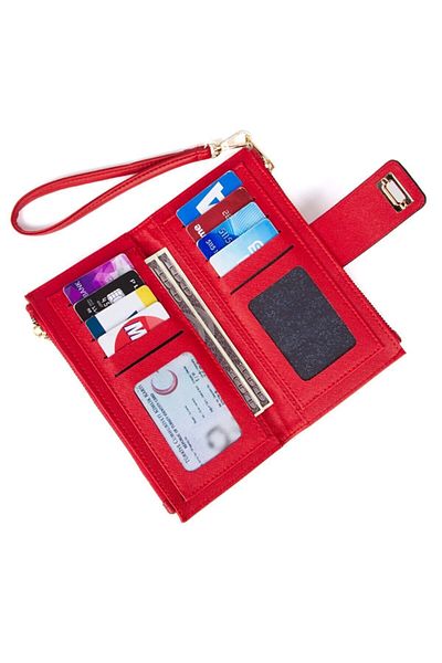 tuldar Women's Red Soft Texture Hand Strap Locked Phone Paper Money Compartment Card Holder and Wallet