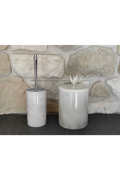 Polen Stone White Marble Silver 2-Piece Bathroom Set with Olive Branch Accessories
