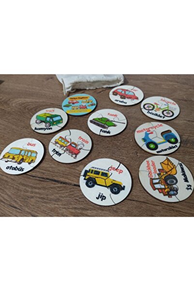 Turkish English Land Vehicles Wooden Color Puzzle 9 Vehicles 27 Pieces