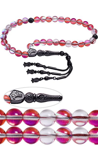 Tesbih Atölyesi Certified Black Tarnish-Free Tassel Red Natural Thermal Quartz Stone Prayer Beads