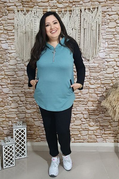 sinemisxxl Hooded Plus Size Green Black Suit