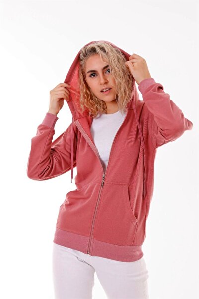 Form Angel Kapüşonlu Fermuarlı Cepli Sweatshirt Gül Kurusu Koyu Pudra