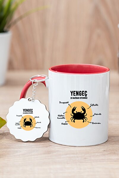 Procity Yengeç Burcuna Hediye Kırmızı Kupa Bardak Ve Anahtarlık
