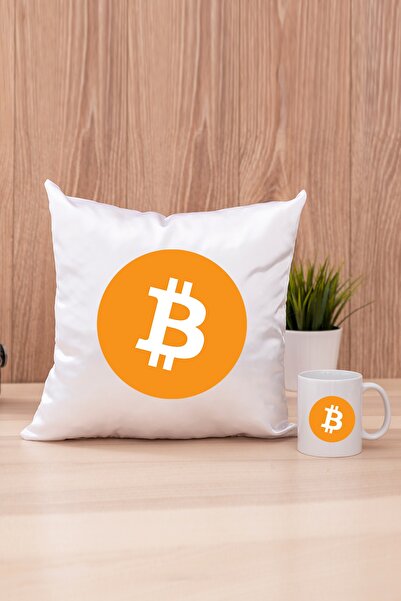 Btc Bitcoin Coin Logolu Beyaz Kupa Bardak Ve Saten Kare Yastık