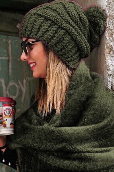 FATELLA Kadın Örgü Model Ponponlu Triko Haki Yeşil Bere