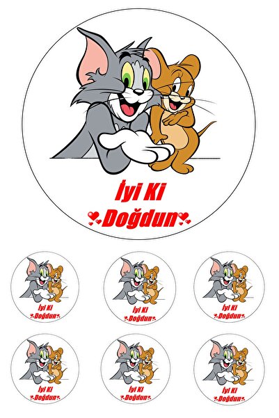 Pasta9 Tom Jery Yenilebilir Pasta Resmi Pirinç Kağıdından 6-8-10 Kişilik Pastaya Uygun 16 Cm
