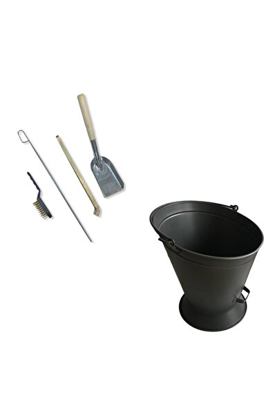 Essen Ticaret 4'lü Şömine Seti (MAŞA, FIRÇA, KÜREK, KARIŞTIRMA DEMİRİ) Ve Mat Siyah Oval Ve Ayaklı Odun Kovası