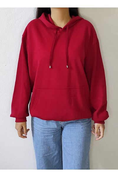 Bomenti Life Women's Red Ribbed Long Oversize Hooded Sweatshirt