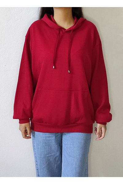 Bomenti Life Women's Red Ribbed Long Oversize Hooded Sweatshirt