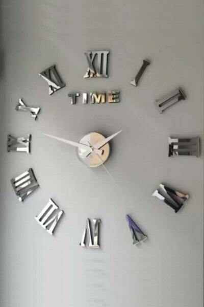 Genel Markalar Dekoratif 3d Duvar Saati Pleksi Ayna Roma Rakamlı Büyük Boy Gümüş