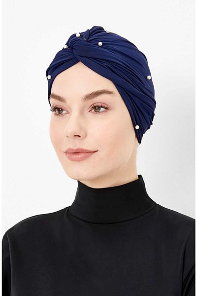 Haşema Dark Blue Wrapped Sea and Pool Cap with Pearl Detail