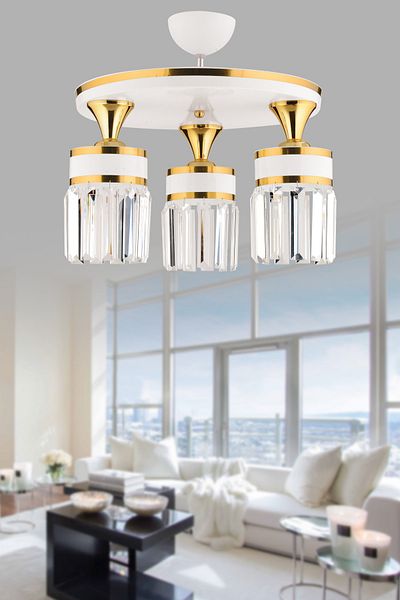 KUZEY AYDINLATMA Asli 3-Piece Profonier White Yellow Gilt Modern Chandelier with Crystal Stones