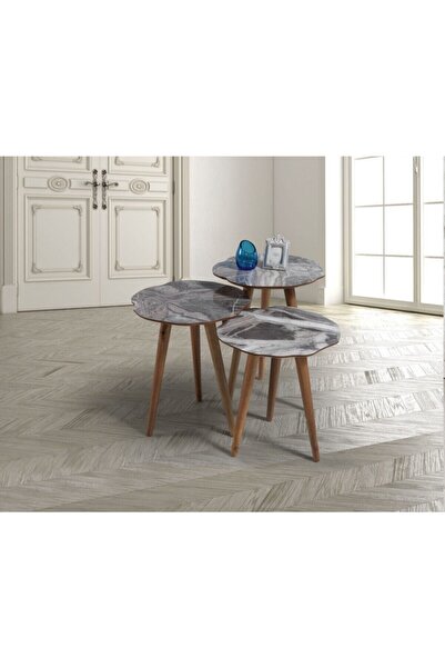 İnegöl Sehpa Botan Yaprak Ahşap 3'lü Mermer Desenli Zigon Sehpa