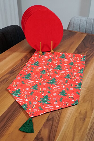 Viemso Yılbaşı Çam Ağacı Desenli Püsküllü Runner, 4'lü Supla Set