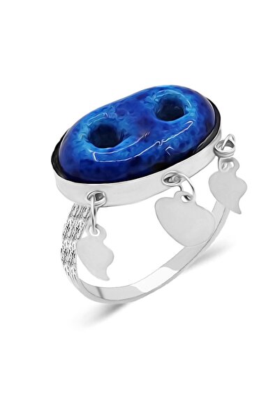 Aykat Mardin Midyat Boncuğu Yüzük Iki Gözlü Mavi Taşlı Pullu Yüzük Yzk-277