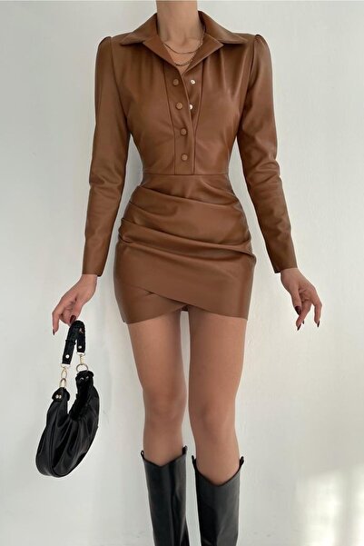 4S1B FASHION Piept decoltat guler cămașă din piele artificială rochie maro mi...