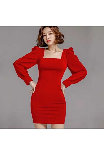 tknfashion Țesătură creponată flexibilă roșie, guler pătrat, mânecă cu balon,...