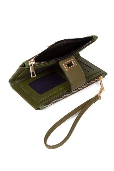 tuldar Kadın Haki Yumuşak Soft Doku El Askılı Kilitli Telefon Kağıt Para Bölmeli Kartlık Ve Cüzdan