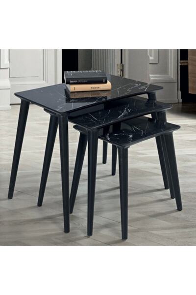 İnegöl Sehpa Erre Siyah Mermer Dikdörtgen Ahşap 3'lü Zigon Sehpa