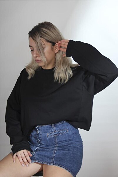 Ava Siyah Crop Örme Şardonlu Sweatshirt