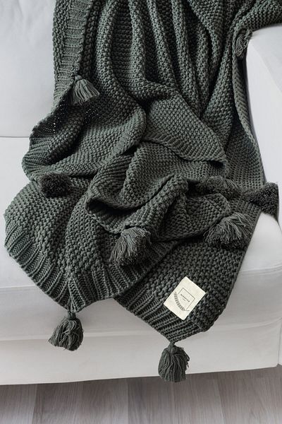 Miespiga Coco Rice Knitted Knitwear TV Blanket Throw Khaki Knitted Sofa Shawl with Pompom