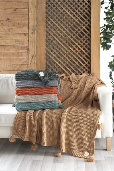 Miespiga Coco Rice Knitted Knitwear TV Blanket Throw Khaki Knitted Sofa Shawl with Pompom