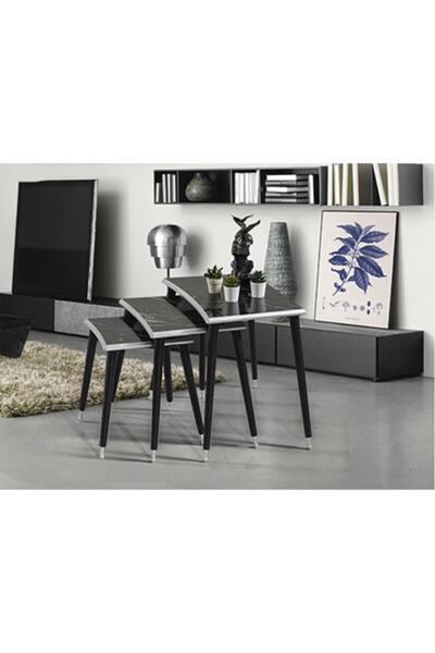 İnegöl Sehpa Ezra Siyah Memer Dikdörtgen Ahşap 3'lü Zigon Gümüş Kenarlı Lüx A...