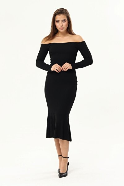 KİM Kİ O Kadın Siyah Omuzlar Açık Eteği Volanlı Elbise