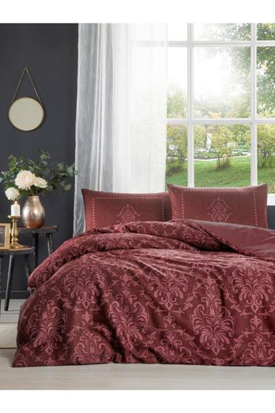 Özdilek طقم غطاء لحاف مزدوج من الساتان باللون العنابي من Clasurol Soft Life