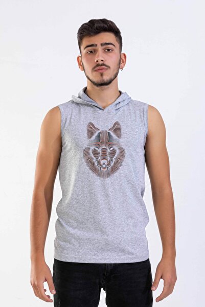 Raf Coll Unisex sivi melange kapuljača bez rukava sa uzorkom vuka Digitalna š...