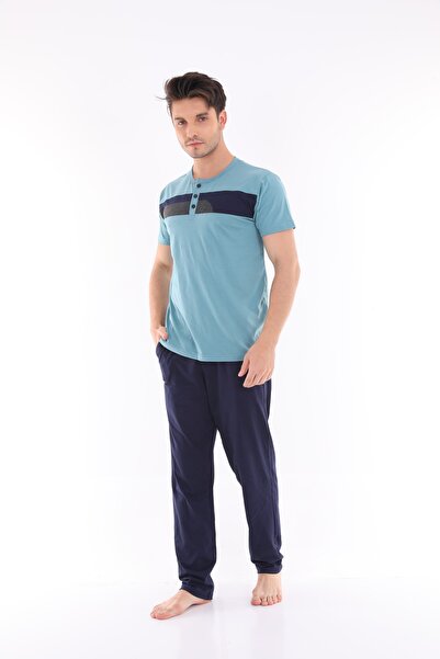 Erkek Kısa Kollu %100 Pamuklu Uzun Pantolon Pijama Takımı