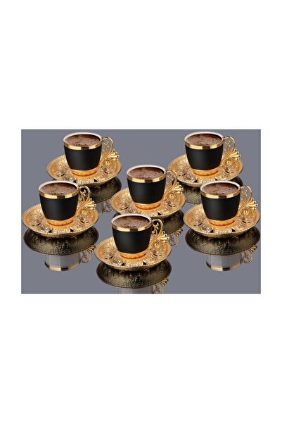 BUSEM Lal Elegans Motifli Siyah Porselen Fincan Türk Kahve Seti 6 Kişilik Altın Renkli