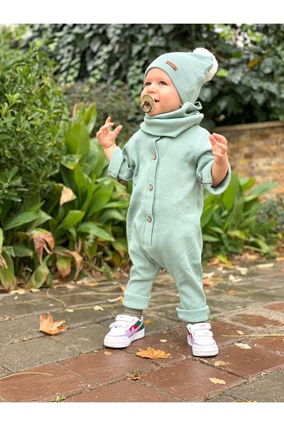 bohemiankids Unisex Baby Eyebrow Corset Jumpsuit Beanie Neck Collar Set Water Green