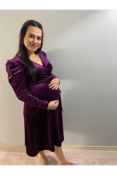 Genel Markalar Kuşaklı Midi Boy Kruvaze Yaka Kadife Elbise