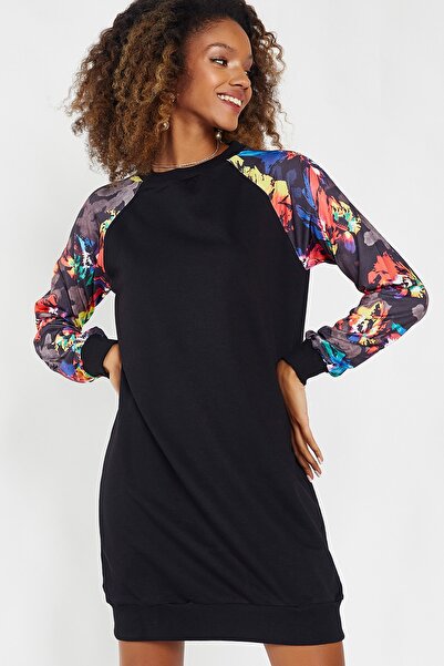 Hopoi Kadın Siyah Çiçekli Sweatshirt Elbise 18045