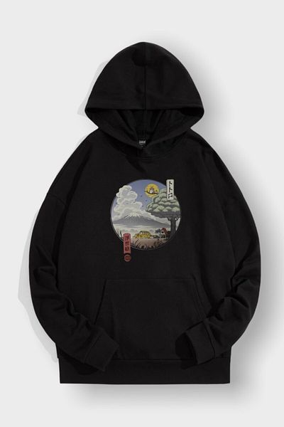 EFBUTİK Black Hooded Japanese Written Landscape Sweatshirt