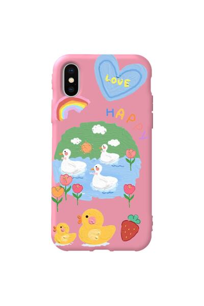 WANNA PROTECT Iphone Xs Max Pembe Renk Happy Içi Kadife Desenli Silikon Telef...
