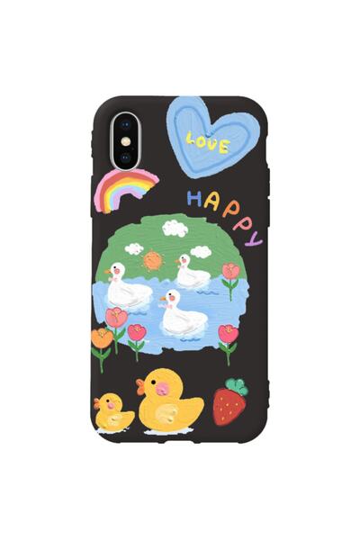 WANNA PROTECT Iphone Xs Max Siyah Renk Happy Içi Kadife Desenli Silikon Telef...