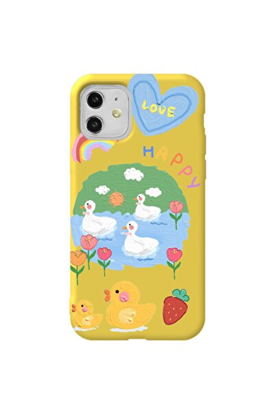 WANNA PROTECT Iphone 11 Sarı Renk Happy Içi Kadife Desenli Silikon Telefon Kı...
