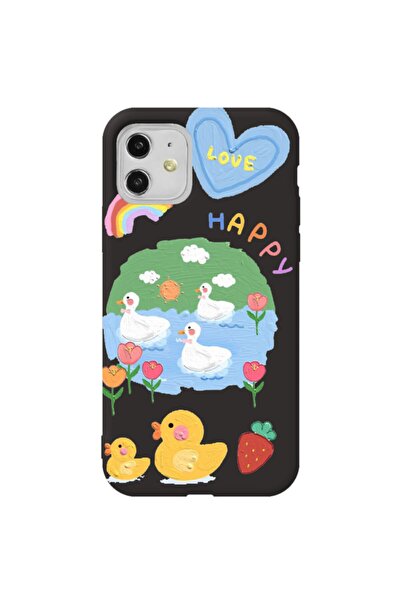 WANNA PROTECT Iphone 11 Siyah Renk Happy Içi Kadife Desenli Silikon Telefon K...