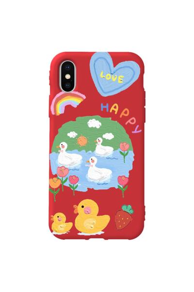 WANNA PROTECT Iphone Xs Max Kırmızı Renk Happy Içi Kadife Desenli Silikon Tel...