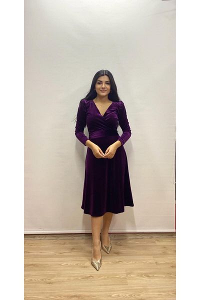 Bersi Butik Rochie Midi din catifea prune la dublu