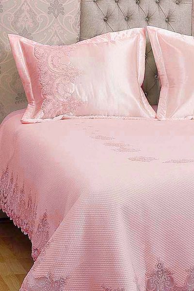 Evlen Home Collection Mihrimah French Lace Beaded 100% Cotton Pique Set (6 Pieces) Powder