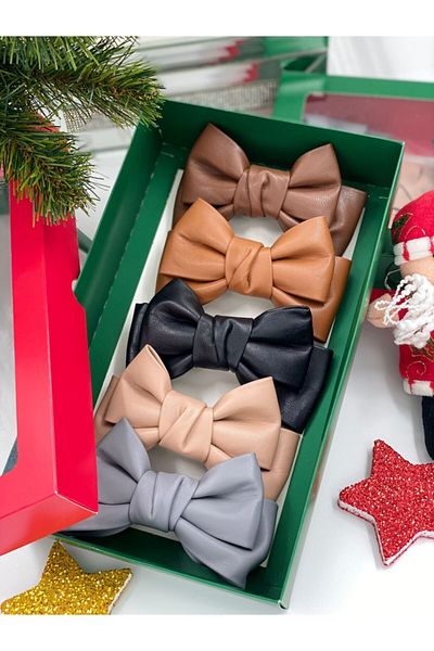 QUEEN AKSESUAR New Year Christmas Gift Boxed Leather Bow Paris Steel Luxury Clip Buckle Set of 4 Brown Black