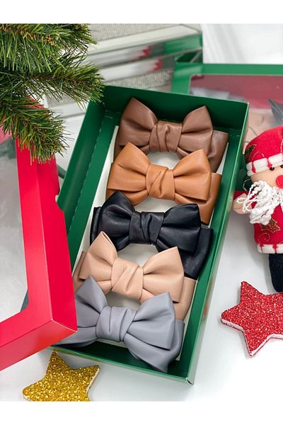 QUEEN AKSESUAR New Year Christmas Gift Boxed Leather Bow Paris Steel Luxury Clip Buckle Set of 4 Brown Black