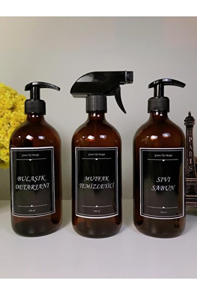 GREEN FLY DESİGN Amber Cam Şişe 500 Ml Sıvı Sabun, Mutfak Temizleyici, Bulaşı...
